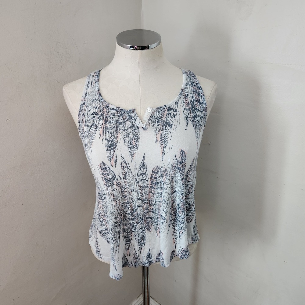 Ella Moss Womens Small Feather Print Modal Tank Top Henley V-Neck